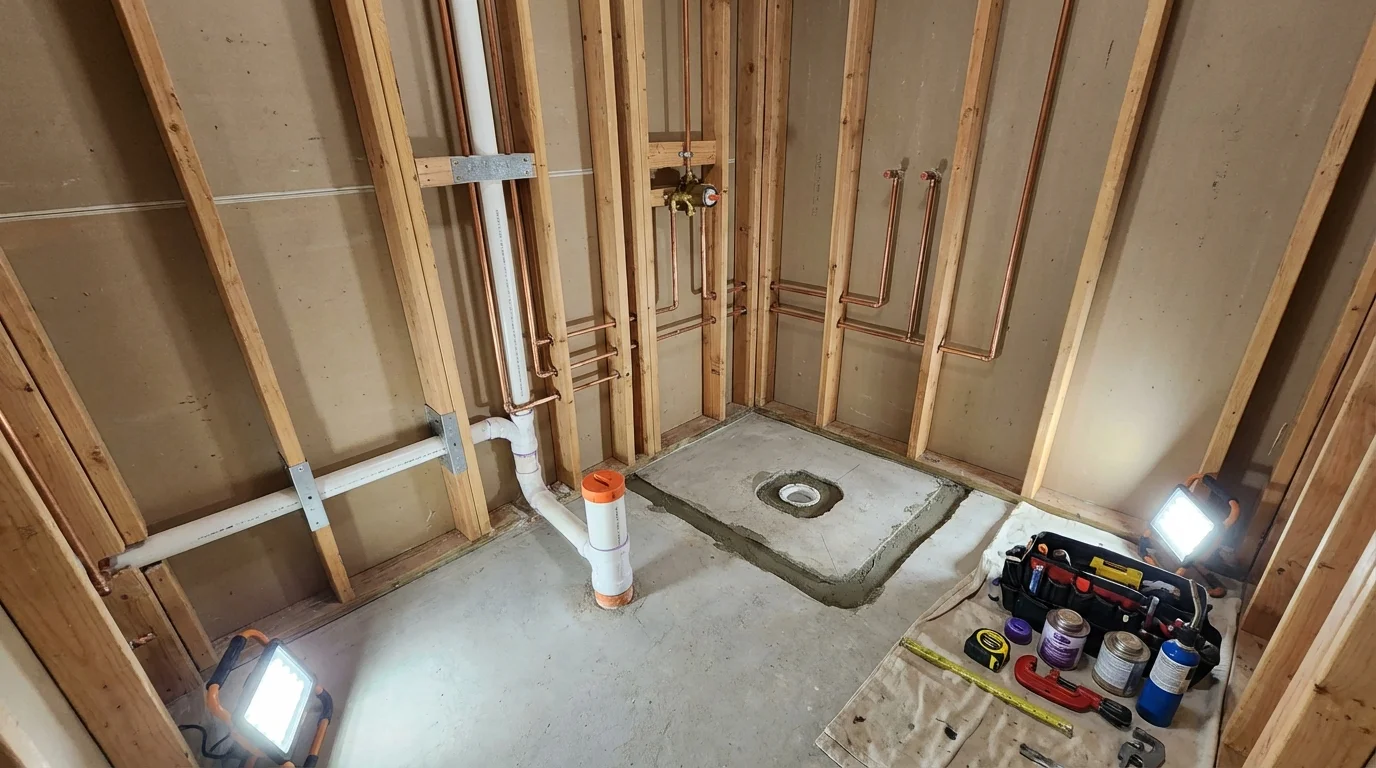 Bathroom rough-in plumbing during remodel by Johns Plumbing LLC in Avilla