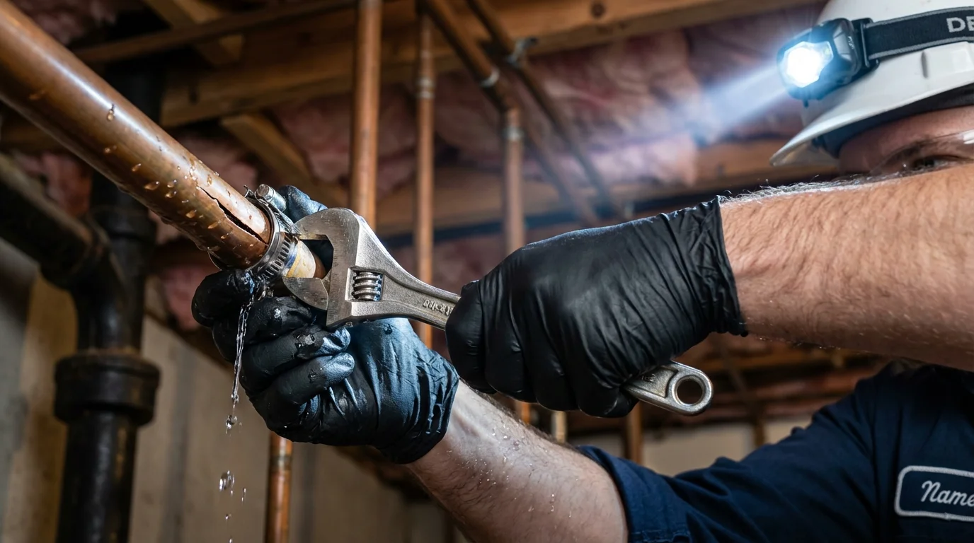 Emergency pipe clamp repair being performed by a Johns Plumbing LLC plumber in Avilla