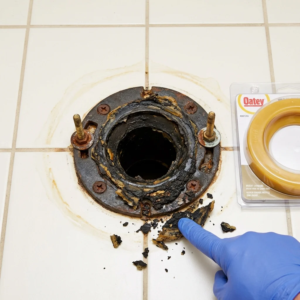 Failed wax ring showing water seepage at the base of a toilet in a Avilla, IN home