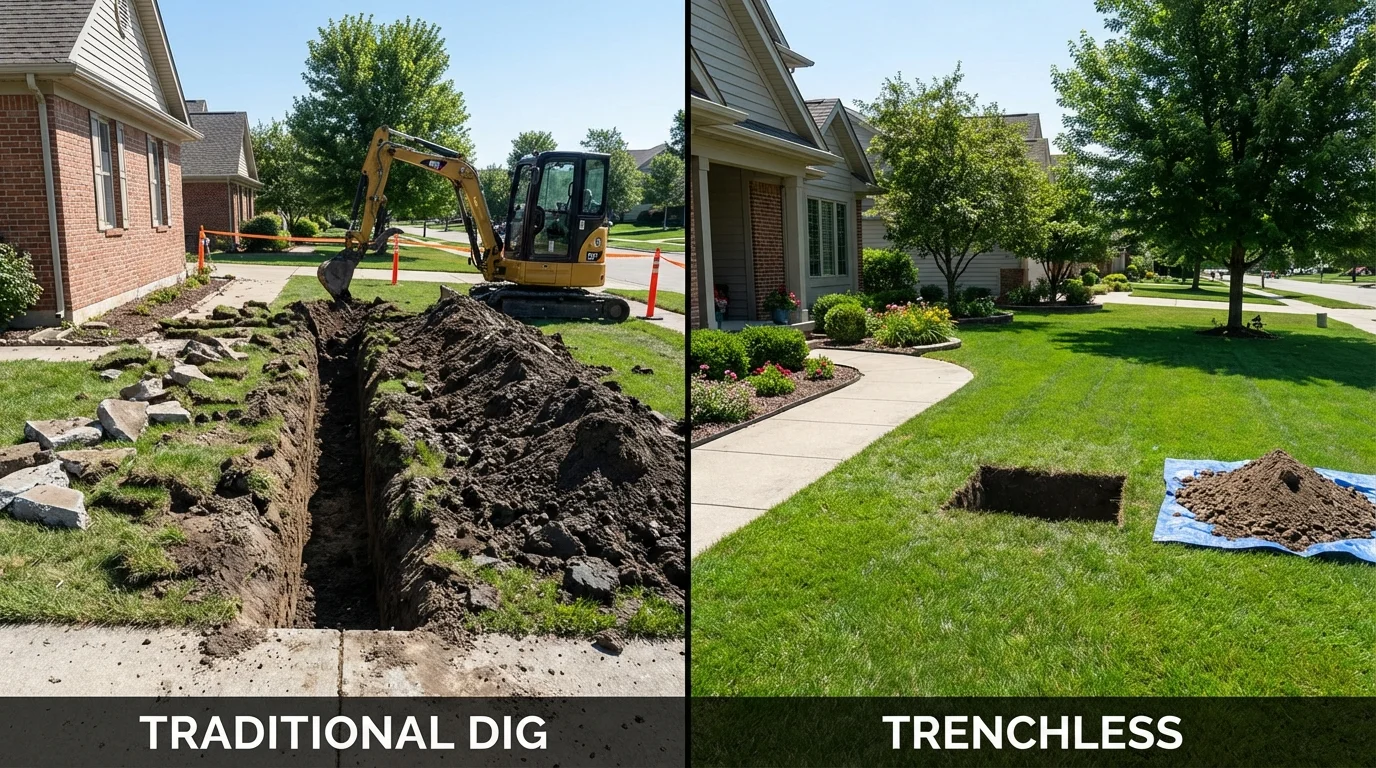 Trenchless sewer repair with minimal yard damage versus traditional excavation in Avilla, IN