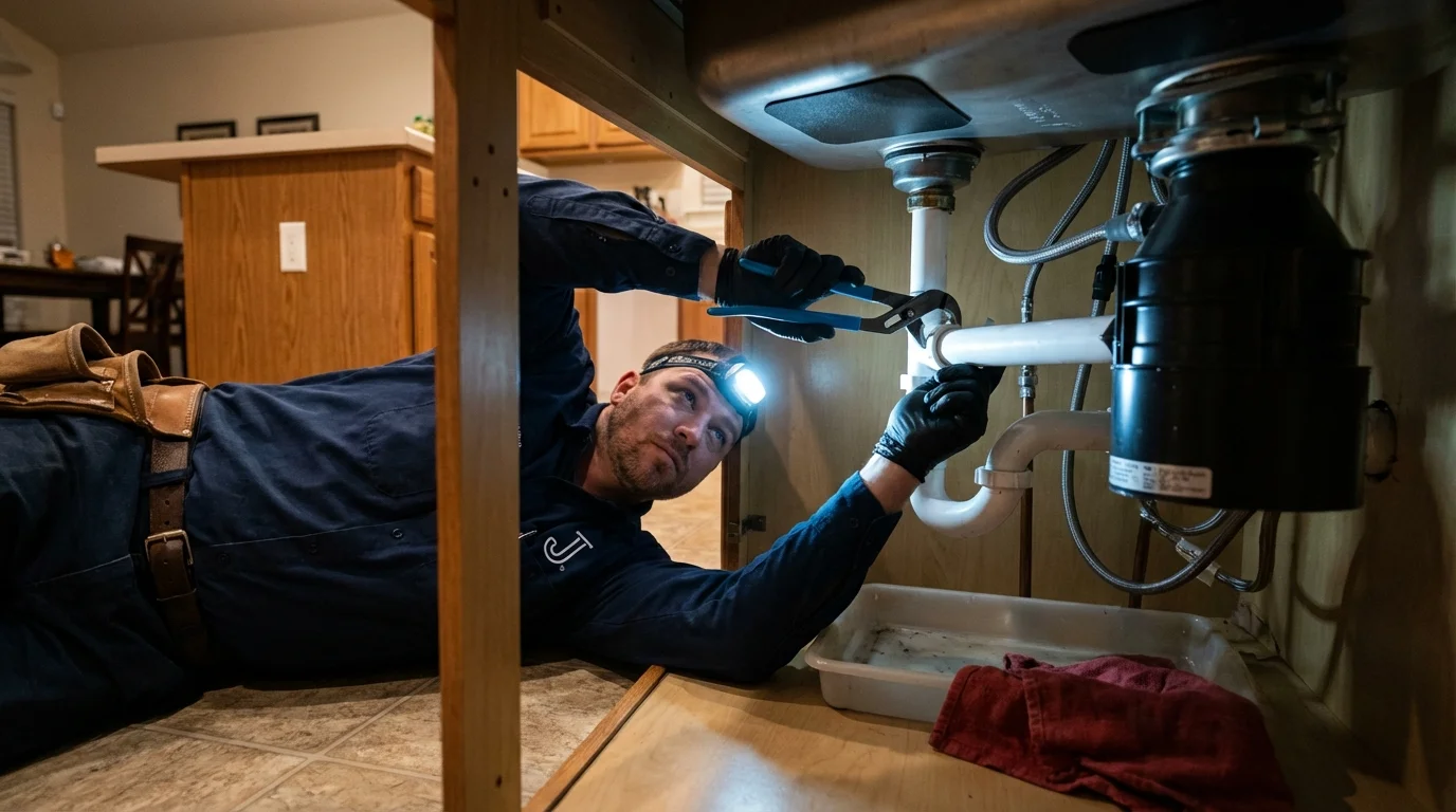 P-trap and supply line connections under a kitchen sink showing a common leak point in Avilla, IN